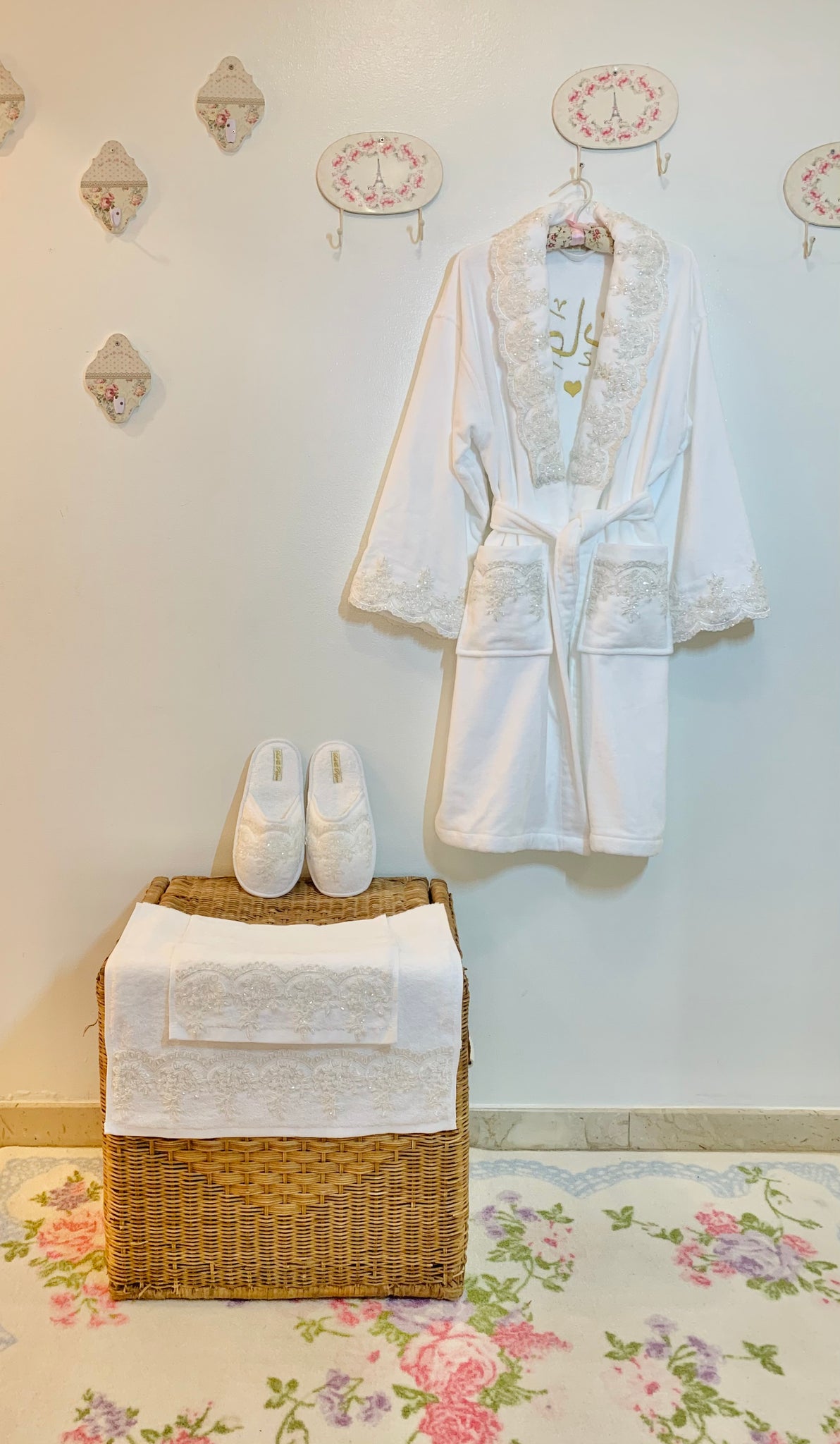 White Bridal Bathrobe Set with Sequin Trim